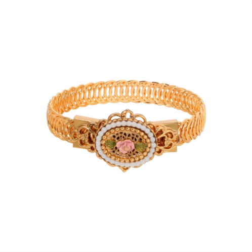 1928 Gold Tone Simulated Pearl Rose Filigree Cuff Bracelet
