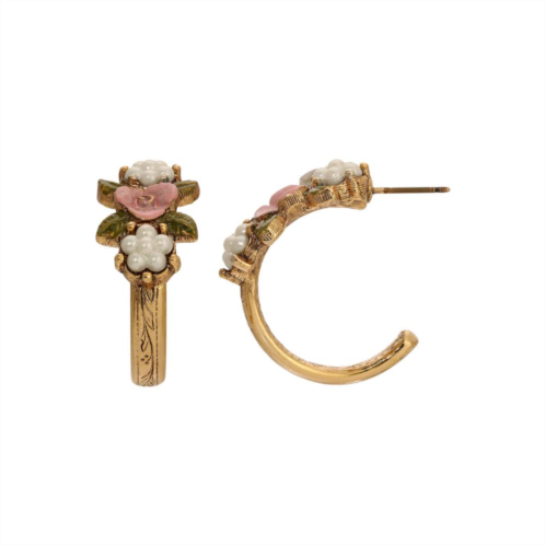 1928 Gold Tone Simulated Pearl Pink Flower C-Hoop Earrings