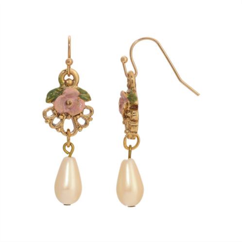 1928 Gold Tone Simulated Pearl Pink Flower Filigree Drop Earrings