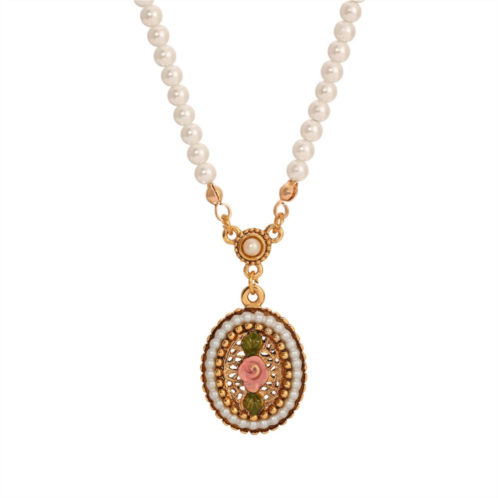 1928 Gold Tone Simulated Pearl Rose Filigree Oval Pendant Necklace