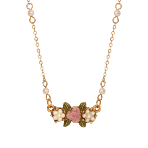 1928 Gold Tone Simulated Pearl & Pink Flower Necklace