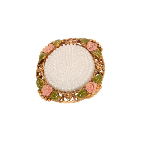 1928 Gold Tone Simulated Pearl Pink Flower Round Brooch