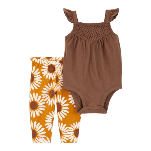 Baby Girl Carters Knit Neck Flutter Sleeve Bodysuit & Floral Print Pants Set
