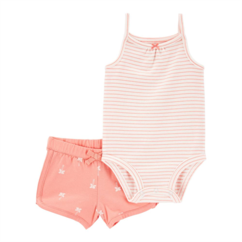 Baby Girl Carters Striped Bow Neck Detail Bodysuit & Palm Tree Allover Print Shorts Set