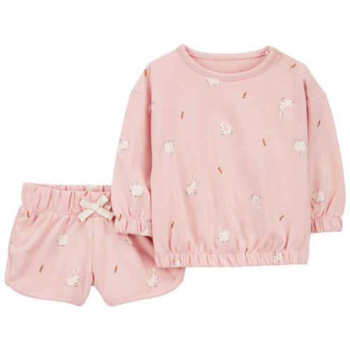 Baby Girl Carters 2-Piece Bunny Print Sweatshirt & Shorts Set
