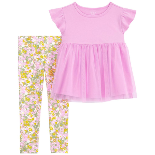 Baby Girl Carters Tulle Overlay Short Sleeve Top & Floral Leggings Set