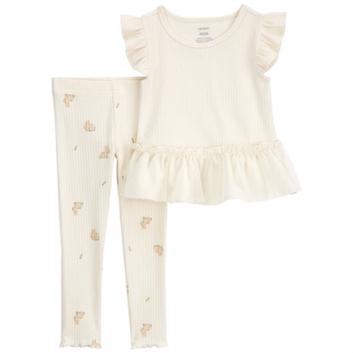 Toddler Girl Carters Fluttery Ribbed Top & Bunny Print Leggings Set