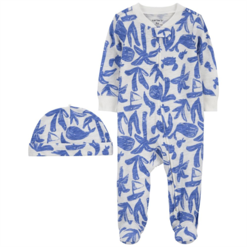 Baby Boy Carters Whale Cotton Sleep and Play with Cap Set