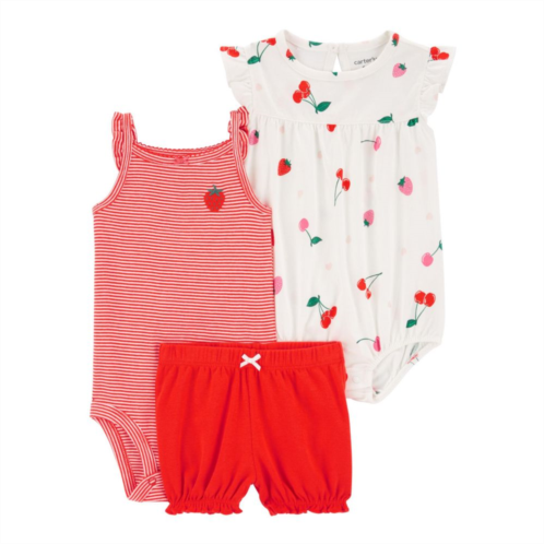 Baby Girl Carters 3-Piece Strawberry Bodysuits & Shorts Set