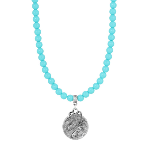 1928 Silver Tone Simulated Turquoise Bead Horse Head Pendant Necklace