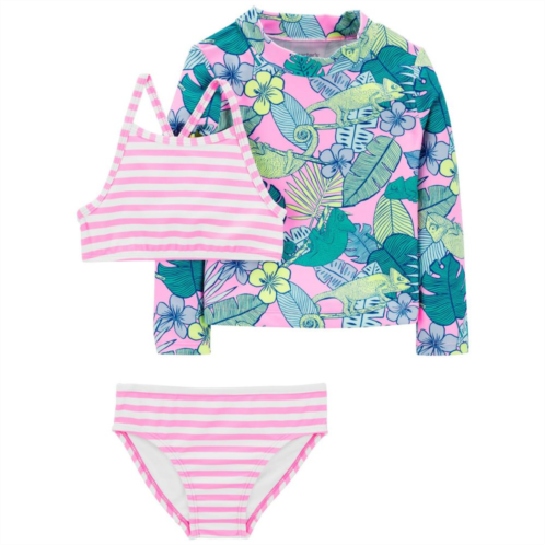 Toddler Girl Carters 3-Piece Tropical Iguana Print Rashguard Top, Striped Swim Top & Swim Bottoms Set