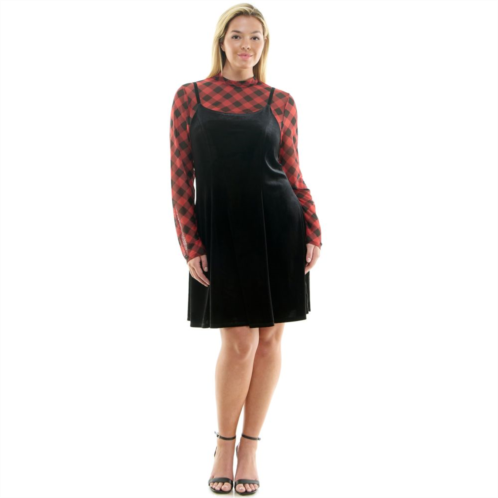 Juniors Plus Size Lily Rose 2-Piece Velvet Skater Dress and Mesh Shirt Set