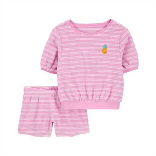 Baby Girl Carters Embroidered Pineapple Striped Terry Top & Shorts Set