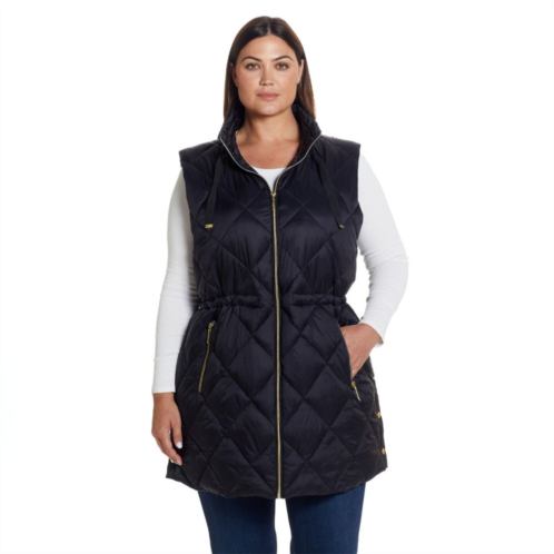 Plus Size Weathercast Diamond Quilted Puffer Longline Vest with Cinched Waist