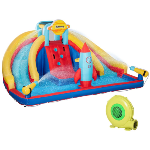 Outsunny 5-in-1 Inflatable Water Slide, Rocket Themed Kids Castle Bounce House with Slide, Pool, Water Cannon, Basket, Climbing Wall Includes Carry Bag, Repair Patches, 750W Air Bl