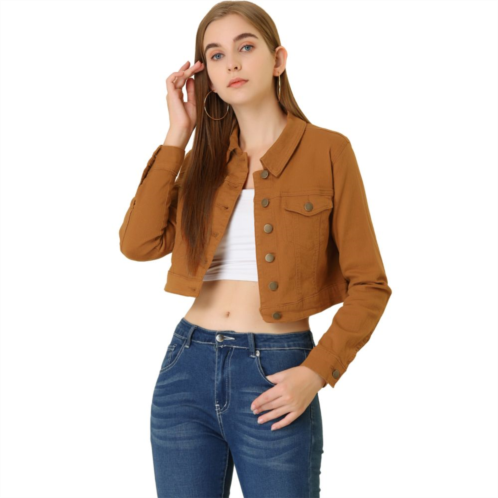 ALLEGRA K Womens Classic Long Sleeves Single Breasted Cropped Denim Jacket