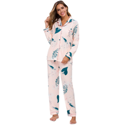 Cheibear Womens Pajama Set Soft Satin Silky Floral Printed Button Down Shirt and Pants Sleepwear 2pcs
