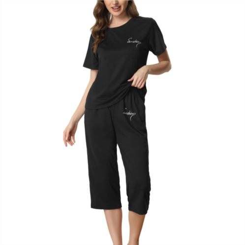 Cheibear Womens Lounge Short Sleeve Tops With Capri Pants Pajama Set