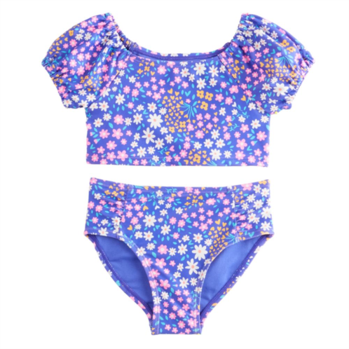 Baby & Toddler Girl Jumping Beans Puff Sleeve Tankini & Floral Printed Swim Bottoms Set