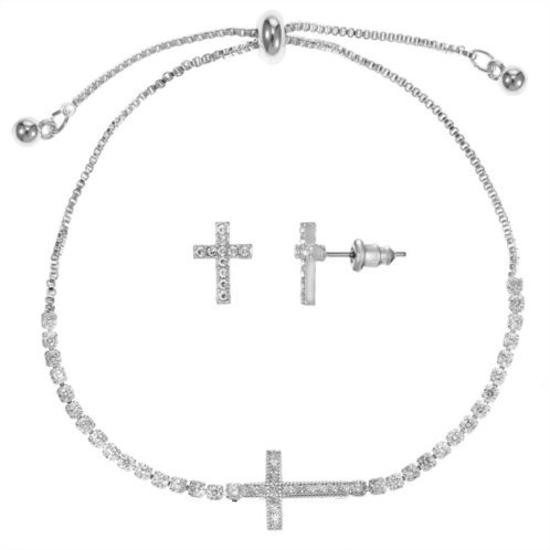 Primavera Silver Plated Cubic Zirconia Sideways Cross Adjustable Bracelet & Stud Earring Set