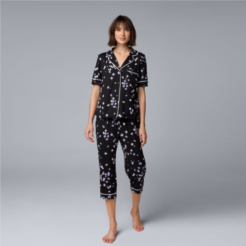 Womens Simply Vera Vera Wang Cozy Short Sleeve Notch Collar Pajama Top & Pajama Capris Set