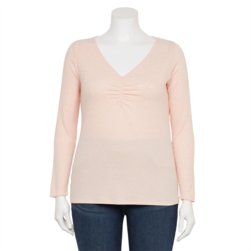 Plus Size LC Lauren Conrad Long Sleeve Ruched Front V-Neck Top