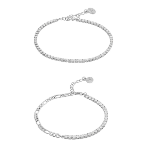 Glam Box Simulated Diamond & Figaro Chain 2-Piece Bracelet Set
