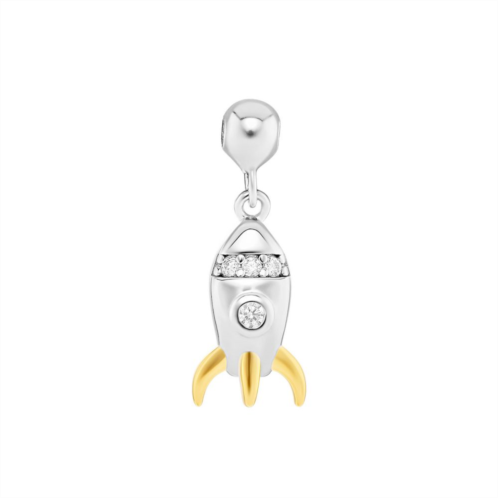 PRIMROSE Two Tone Sterling Silver & 18k Gold Plated Polished Cubic Zirconia Rocket Ship Sliding Charm