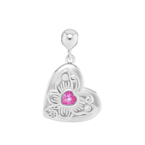 PRIMROSE Sterling Silver Polished Round Cubic Zirconia & Red Heart Corundum Stone Butterfly Heart Sliding Charm