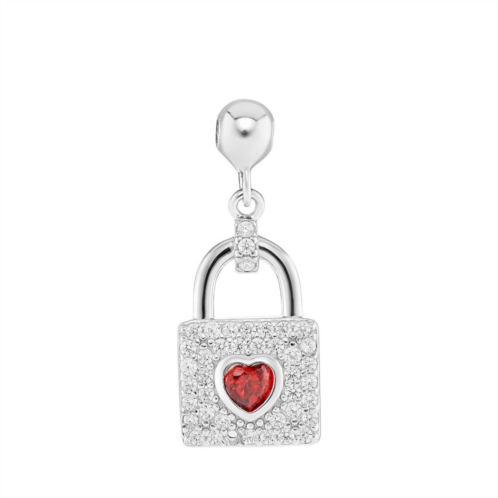 PRIMROSE Sterling Silver Polished Pave Cubic Zirconia & Garnet Heart Cubic Zirconia Lock Sliding Charm