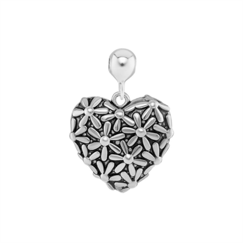 PRIMROSE Sterling Silver Polished Oxidized Flower Heart Sliding Charm