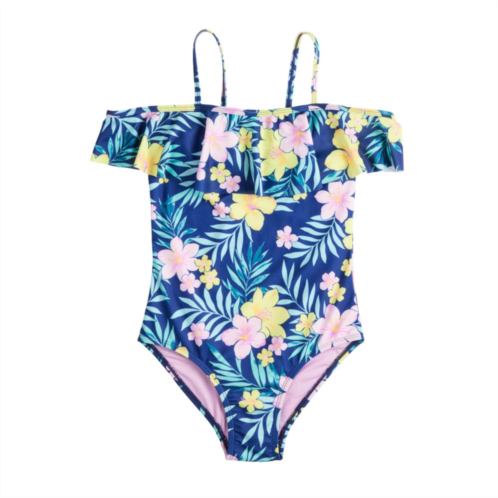 Girls 4-16 Breaking Waves Off-the-Shoulder Flounce One-Piece Swimsuit in Regular & Plus Size