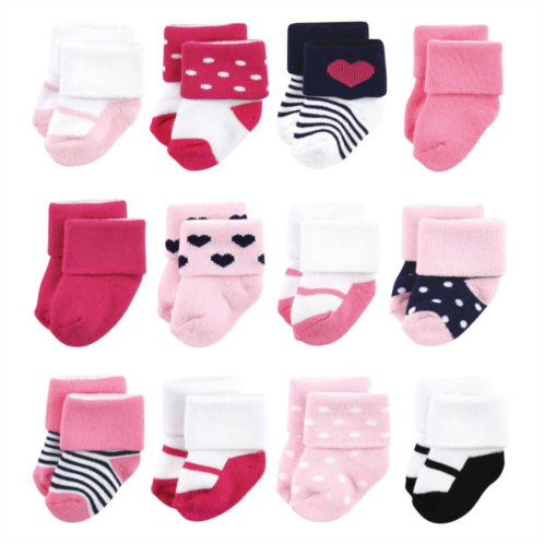 Luvable Friends Baby Girl Newborn and Baby Terry Socks, Pink Mary Janes 12-Pack