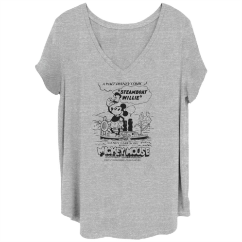 Licensed Character Disneys 100th Anniversary Womens Mickey Mouse Steamboat Willie Cartoon Comic V-Neck Tee