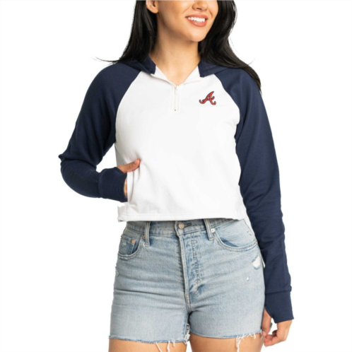 Unbranded Womens Lusso White Atlanta Braves Jane Raglan Quarter-Zip Tri-Blend Cropped Pullover Hoodie
