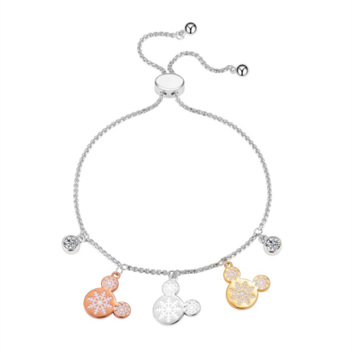 Disneys Mickey Mouse Tri-Tone Silhouette Charm Adjustable Bracelet with Cubic Zirconia