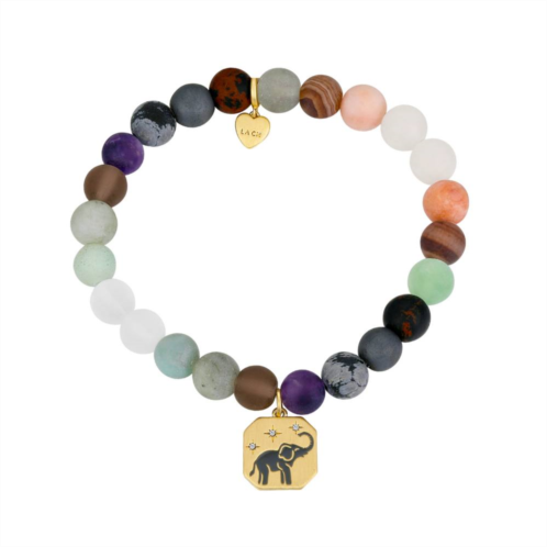Love This Life 14k Gold Tone Strength Enamel Elephant, Stars, Multi-Color Matte Stone Stretch Bracelet