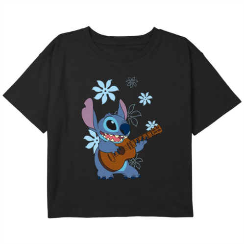 Licensed Character Disneys Girls Lilo & Stitch Flowers Background Boxy Crop Tee