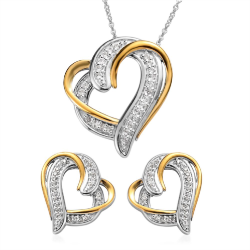 Unbranded Two Tone Sterling Silver Lab-Created White Sapphire Heart Pendant Necklace & Earrings Set