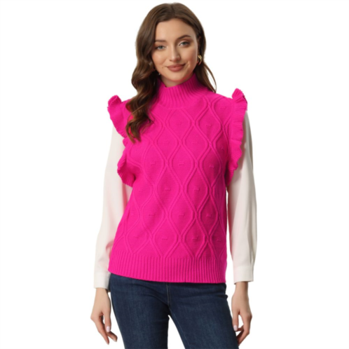 ALLEGRA K Womens Ruffle Sleeve Solid Color Mock Neck Cable Knit Casual Pullover Sweater Vest