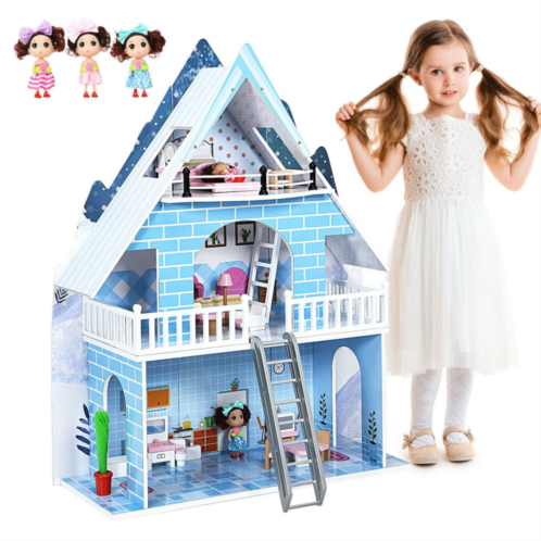Slickblue Wooden Dollhouse 3-Story Pretend Playset with Furniture and Doll Gift for Age 3+ Year