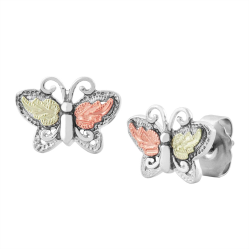 Black Hills Gold Tri-Tone Butterfly Post Earrings in Sterling Silver