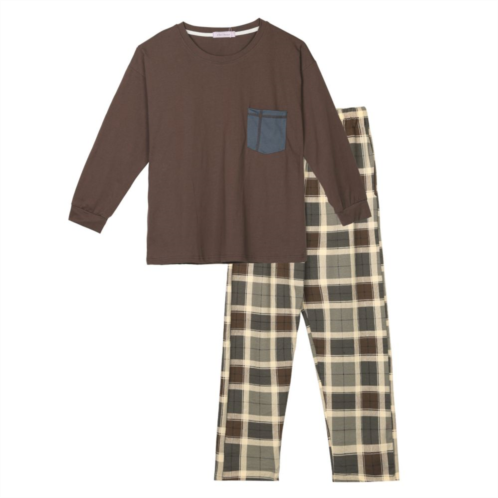 Cheibear Womens Sleepwear Long Sleeve With Pants Plaid Family Pajama Sets