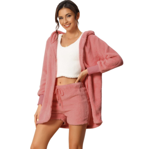 Cheibear Womens Fuzzy Fleece 3 Piece Outfits Coat Jacket And Crop Top With Shorts Lounge Set