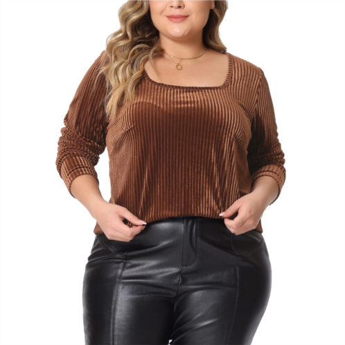 Agnes Orinda Womens Plus Size Velvet Tops Square Neck Pullover Long Sleeve Tunics T-shirt Blouse