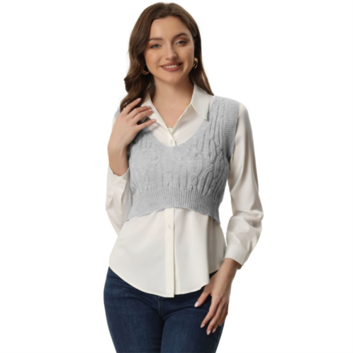 ALLEGRA K Womens Cable Knit Crop Sweater Vest Deep V-Neck Knitwear Tank Tops