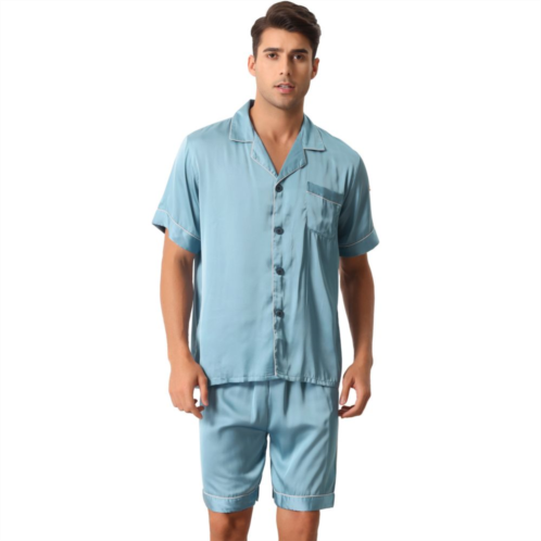 Cheibear Men Satin Button Down Pajama Sets Short Sleeve Shirt and Shorts Sleepwear
