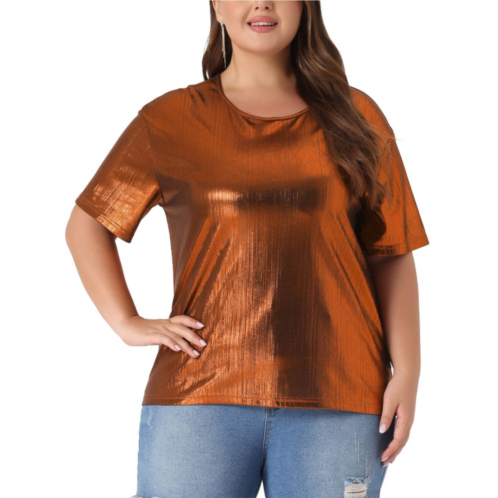 Agnes Orinda Plus Size Top For Women Metallic Round Neck Short Sleeve T-shirt Party Blouses Tee Tops