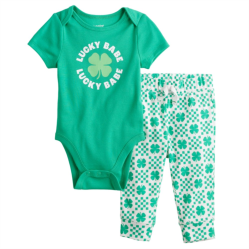 Baby Jumping Beans Short Sleeve Lucky Babe Bodysuit & Clover Print Pants Set