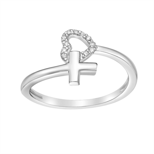 Gemminded Sterling Silver Diamond Accent Heart & Cross Ring